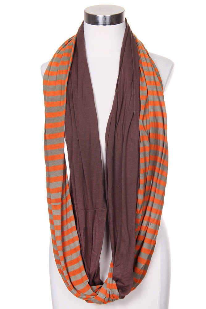 Women's Two-Tone Stripe Infinity Scarf – Style SM300 in Brown