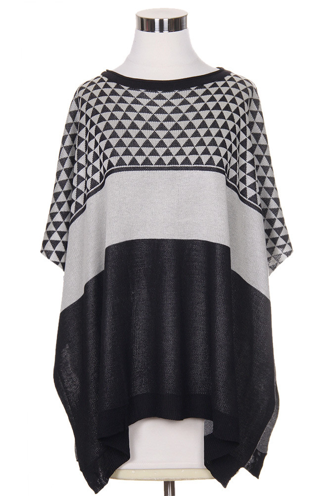 Women's Color Block Pattern Poncho Top in Black
