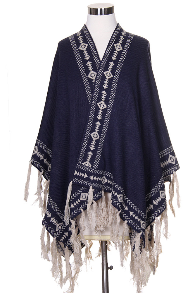 Women's Aztec Trim Knit Fringe Wrap – Style EACP8645 by BURACQ