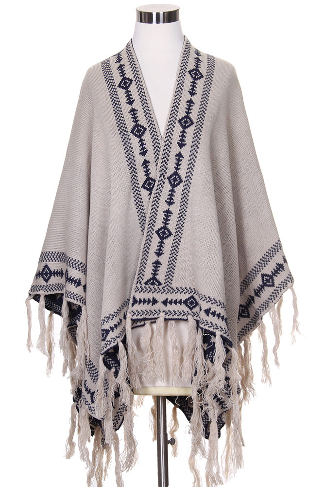 Women's Aztec Trim Knit Fringe Wrap – Style EACP8645 in Navy Beige
