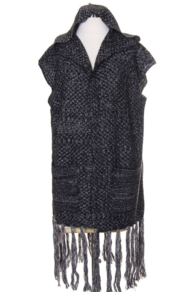 Women's Hooded Fringe Wrap Vest – Style LOF615 in Black