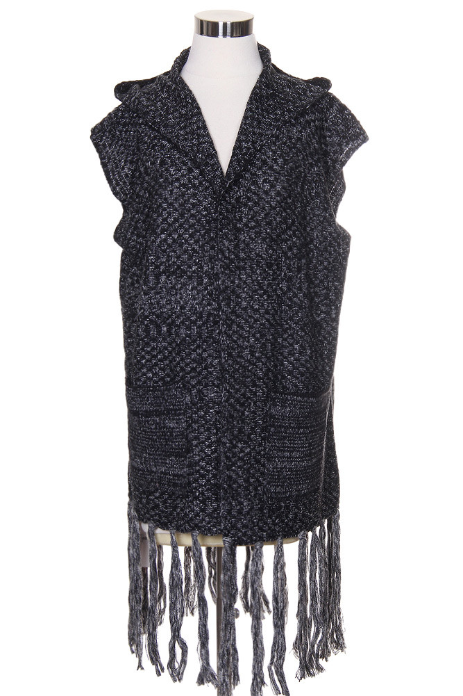 Women's Hooded Fringe Wrap Vest – Style LOF615 in Black