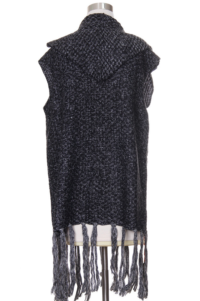 Women's Hooded Fringe Wrap Vest – Style LOF615 in Black