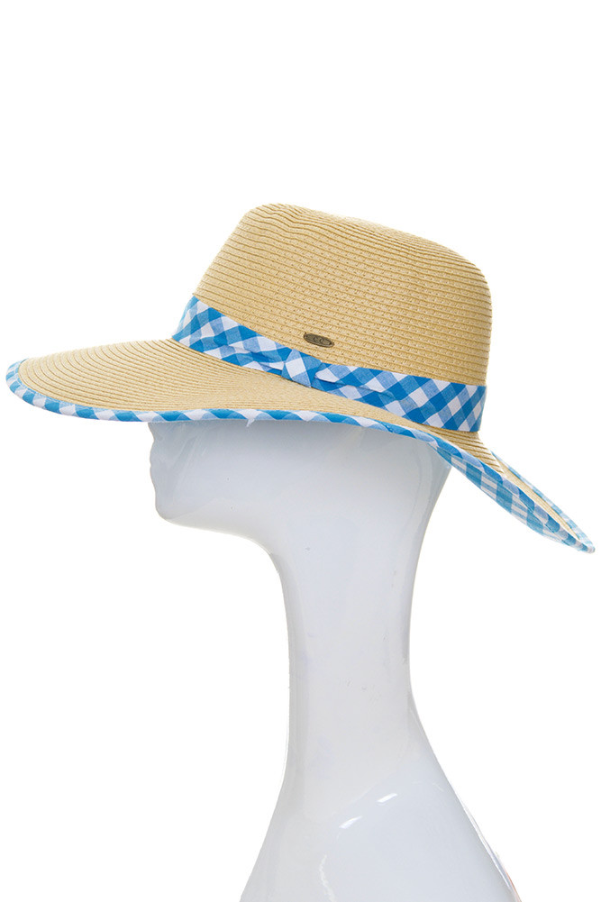Women's Gingham Brim Straw Sun Hat in Blue