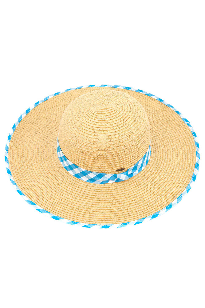 Women's Gingham Brim Straw Sun Hat in Blue