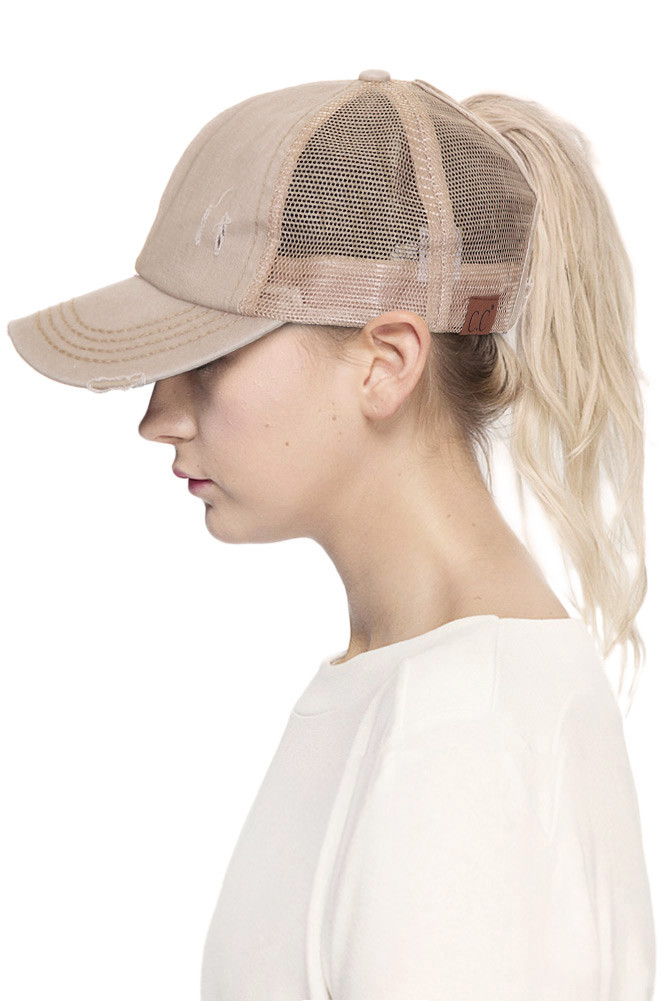 Women's Distressed Mesh Trucker Baseball Cap in Beige