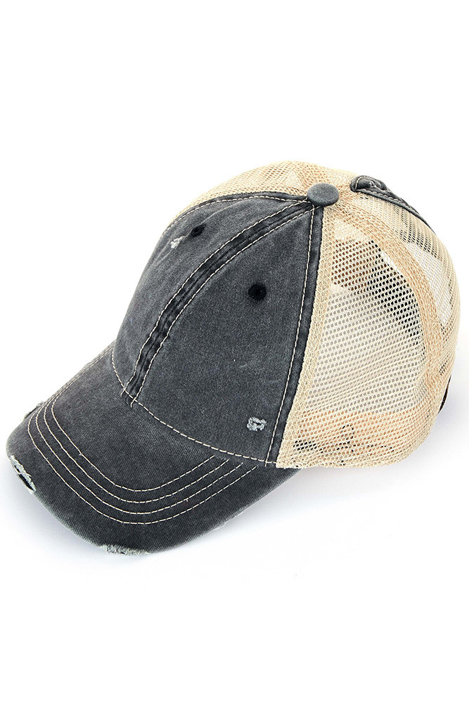 Women's Washed Mesh Ponytail Baseball Cap with Ombre Back in Black