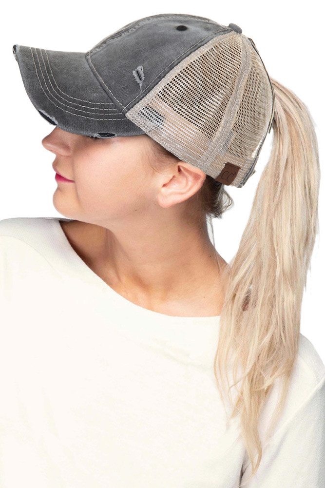 Women's Washed Mesh Ponytail Baseball Cap with Ombre Back in Black