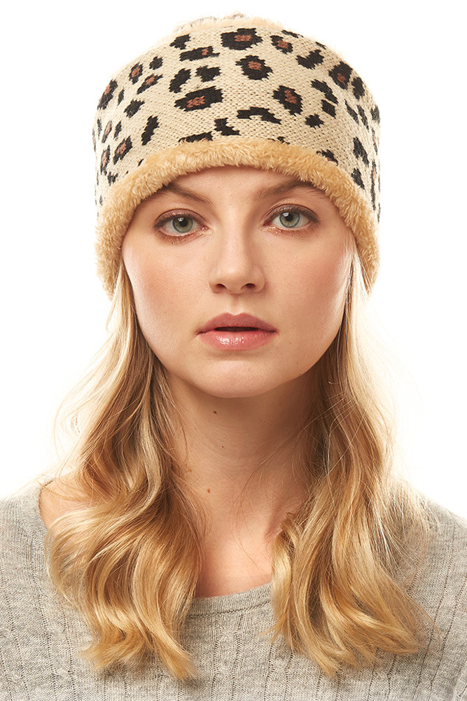 Women's Leopard Print Knit Ear Warmer Headband – Style LHB012 in Beige