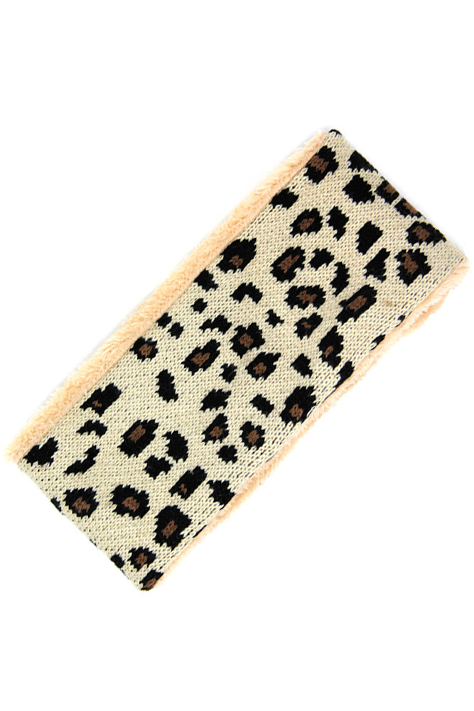 Women's Leopard Print Knit Ear Warmer Headband – Style LHB012 in Beige