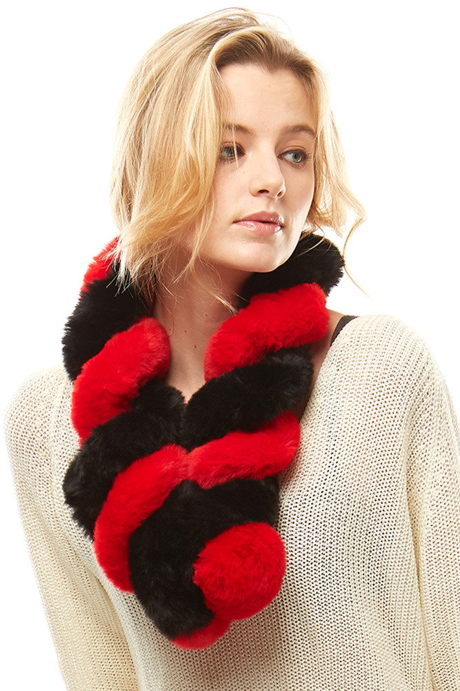 Women's Stripe Faux Fur Infinity Scarf – Style LOF924 in Black Red