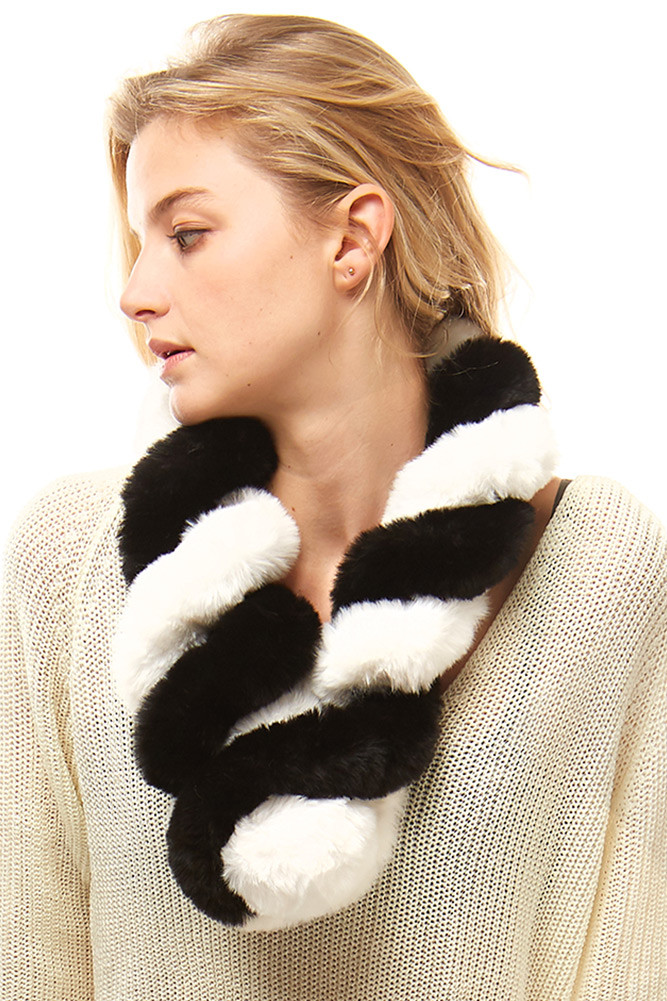 Women's Stripe Faux Fur Infinity Scarf – Style LOF924 in Black White