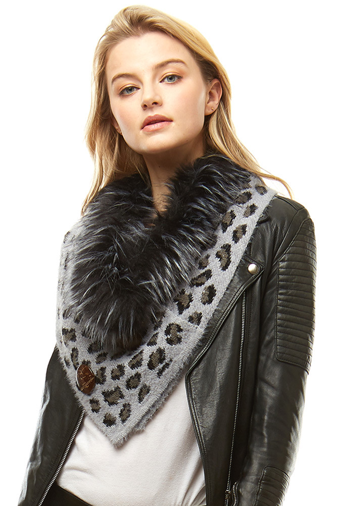 Women's Leopard Print Faux Fur Collar Scarf – Style LOF1002 in Grey