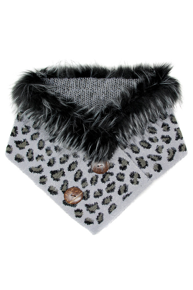 Women's Leopard Print Faux Fur Collar Scarf – Style LOF1002 in Grey