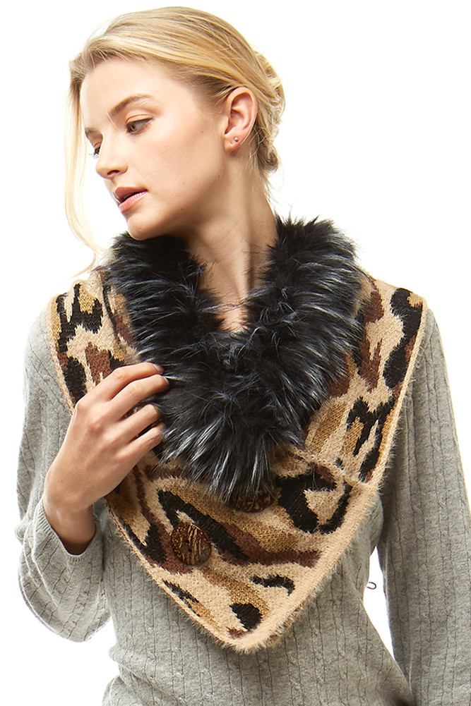 Women's Leopard Print Faux Fur Collar Scarf – Style LOF1004 in Beige