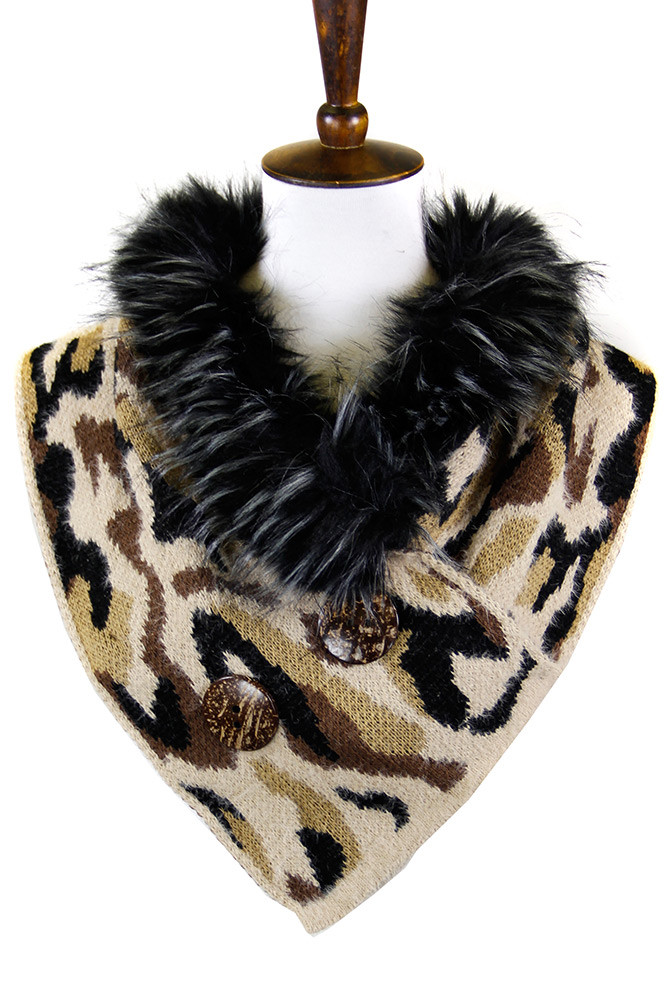 Women's Leopard Print Faux Fur Collar Scarf – Style LOF1004 in Beige