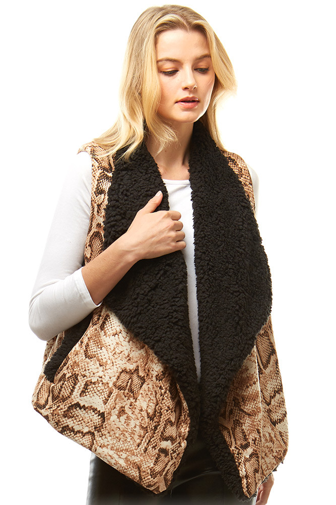 Women's Faux Fur Leopard Print Vest – Style LOF942 in Beige
