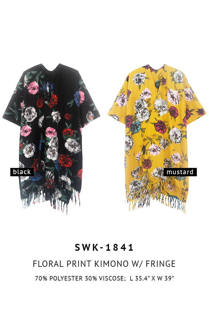 Women's Floral Print Fringe Wrap – Black — clothing piece photo 2