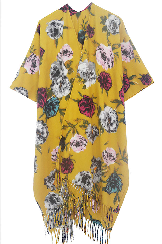 Women's Floral Print Fringe Wrap – Black — clothing piece photo 5