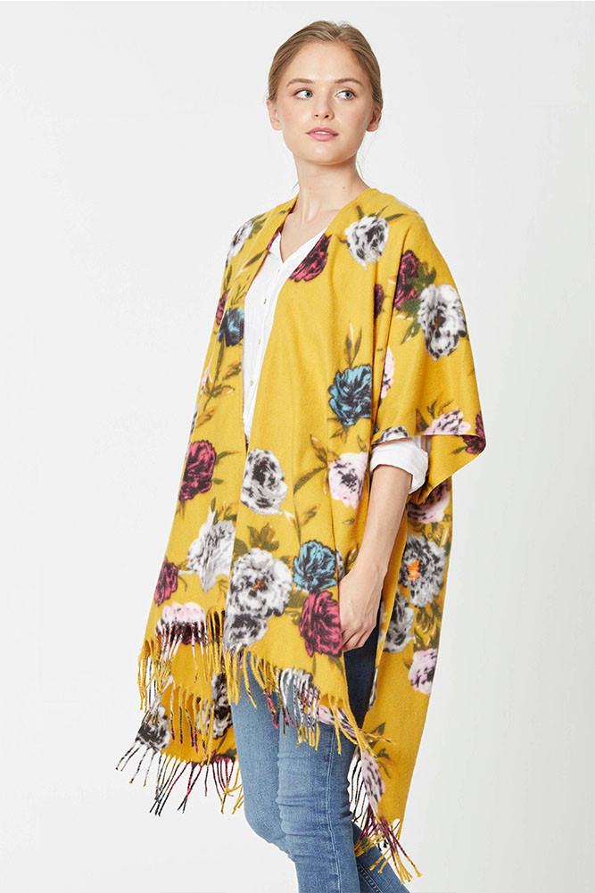 Women's Floral Print Fringe Wrap – Black in Black by BURACQ