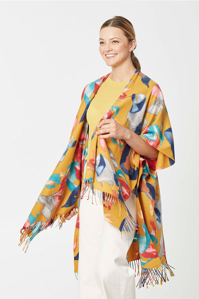 Women's Abstract Floral Print Wrap in Mustard