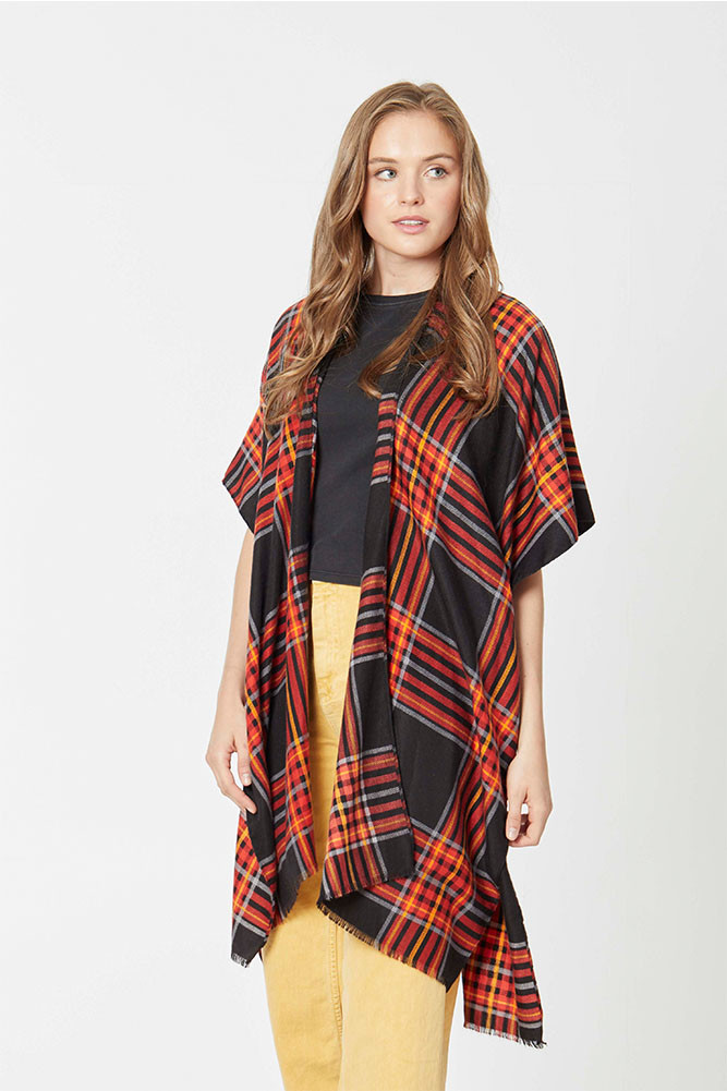 Women's Plaid Fringe Wrap in Black