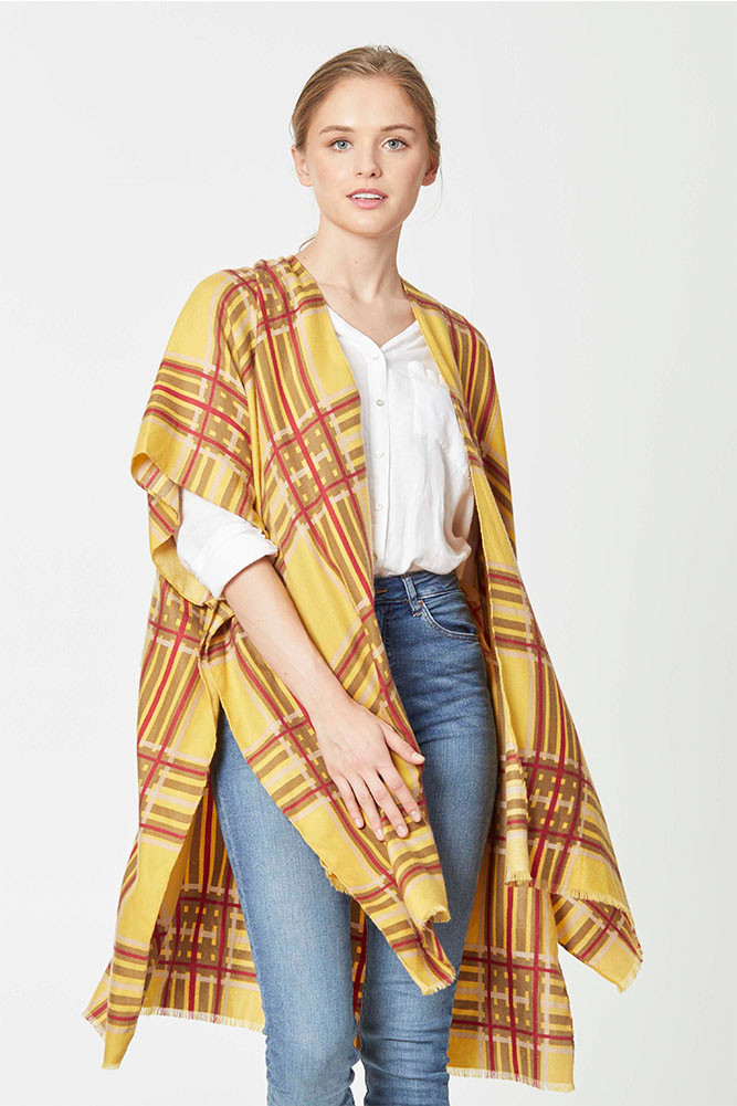 Women's Plaid Fringe Wrap in Mustard