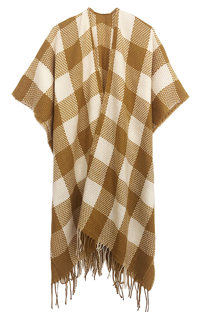 Women's Buffalo Check Fringe Wrap in Camel