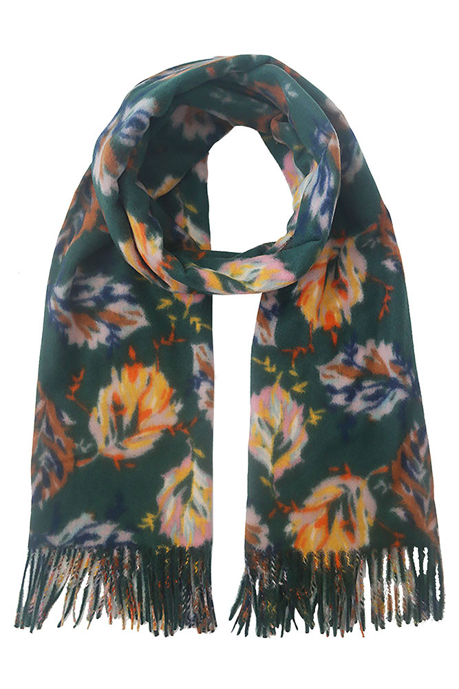 Women's Floral Print Fringe Oblong Scarf in Green