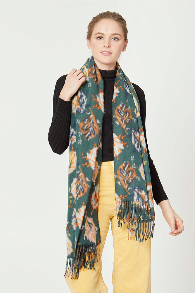 Women's Floral Print Fringe Oblong Scarf in Green