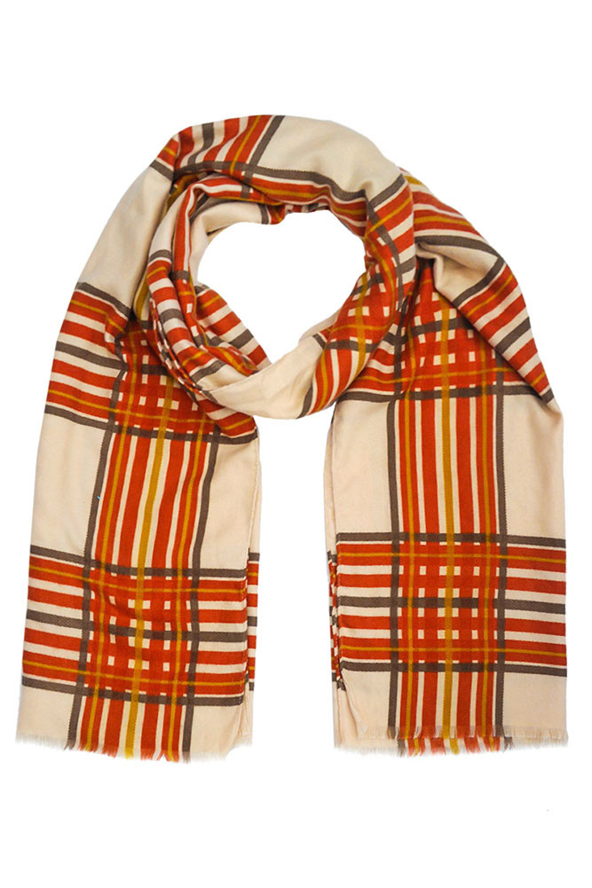 Women's Plaid Fringe Oblong Scarf in Camel