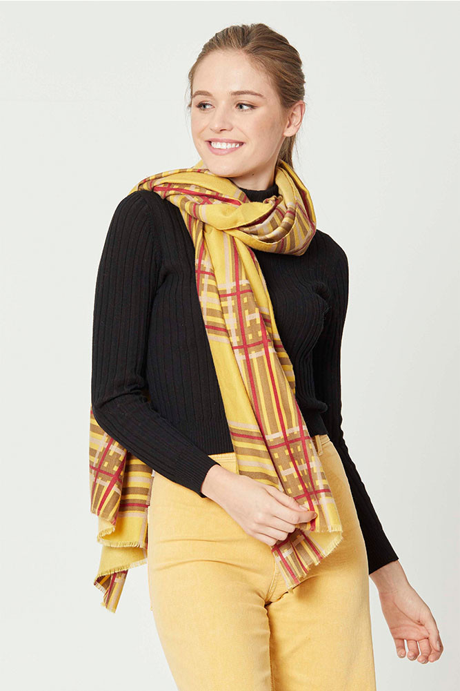 Women's Plaid Fringe Oblong Scarf in Mustard