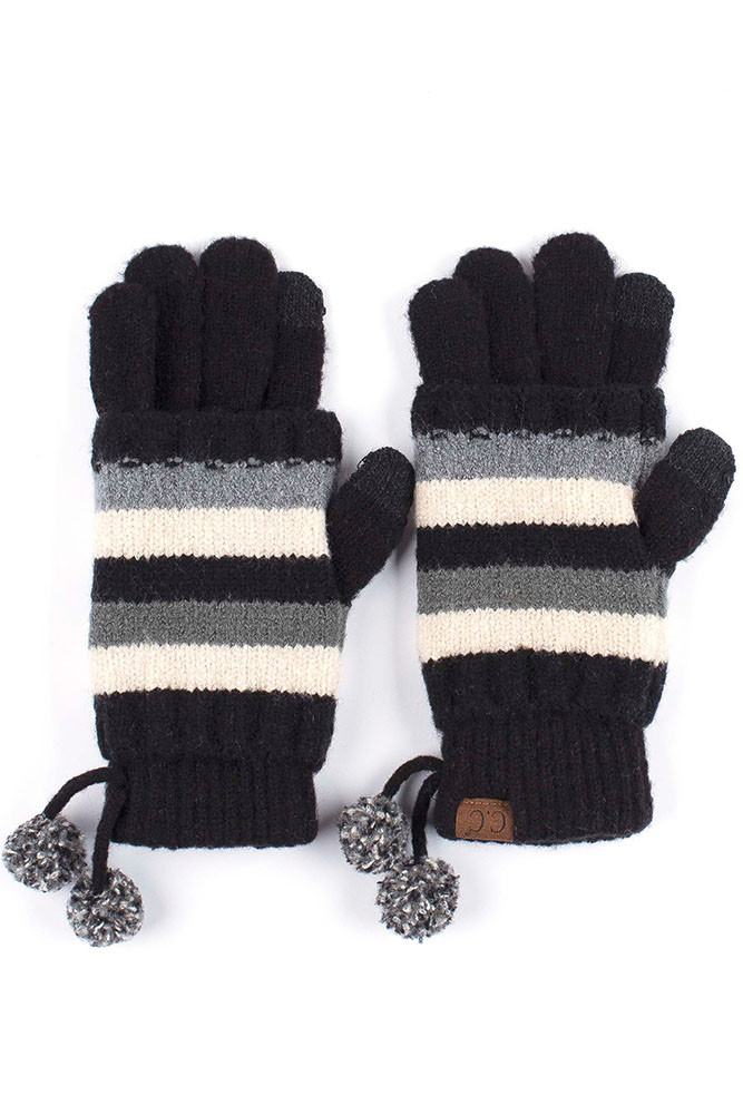 Women's Stripe Knit Gloves with Pom Poms in Black