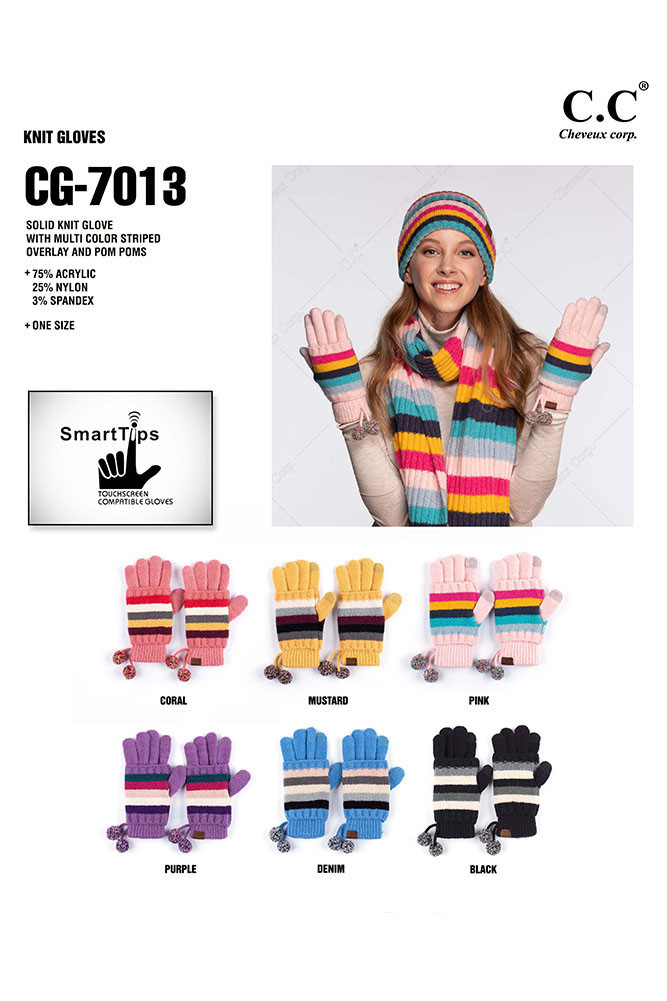 Women's Stripe Knit Gloves with Pom Poms — gloves photo 4