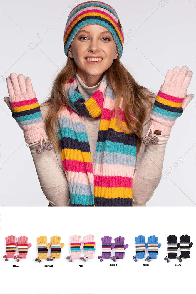 Women's Stripe Knit Gloves with Pom Poms — gloves photo 2