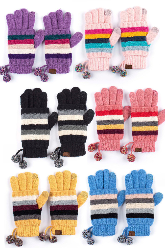 Women's Stripe Knit Gloves with Pom Poms by BURACQ
