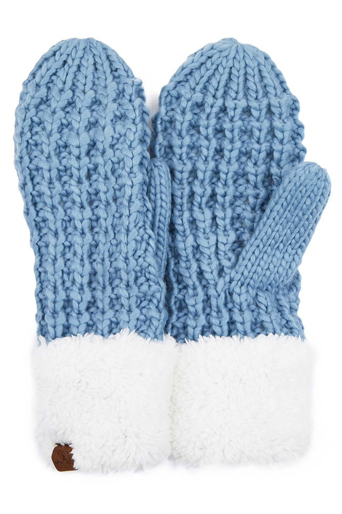 Women's Knit Mittens with Sherpa Cuff in Denim