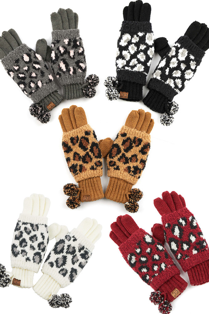 Women's Leopard Print Knit Touchscreen Gloves by BURACQ