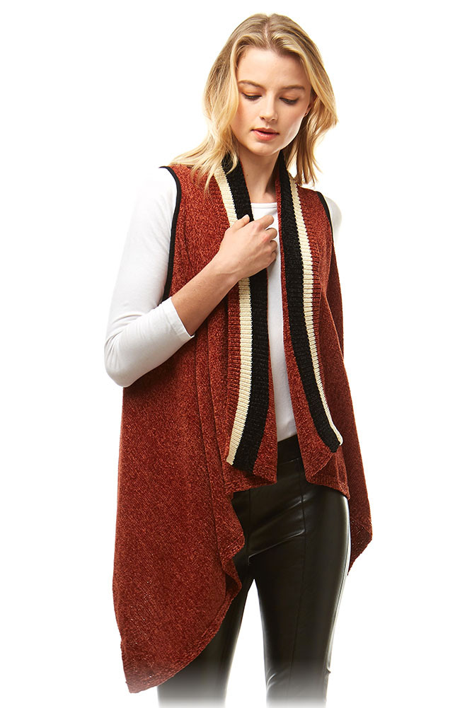 Women's Stripe Trim Knit Wrap Vest – Style LOF1016 by BURACQ