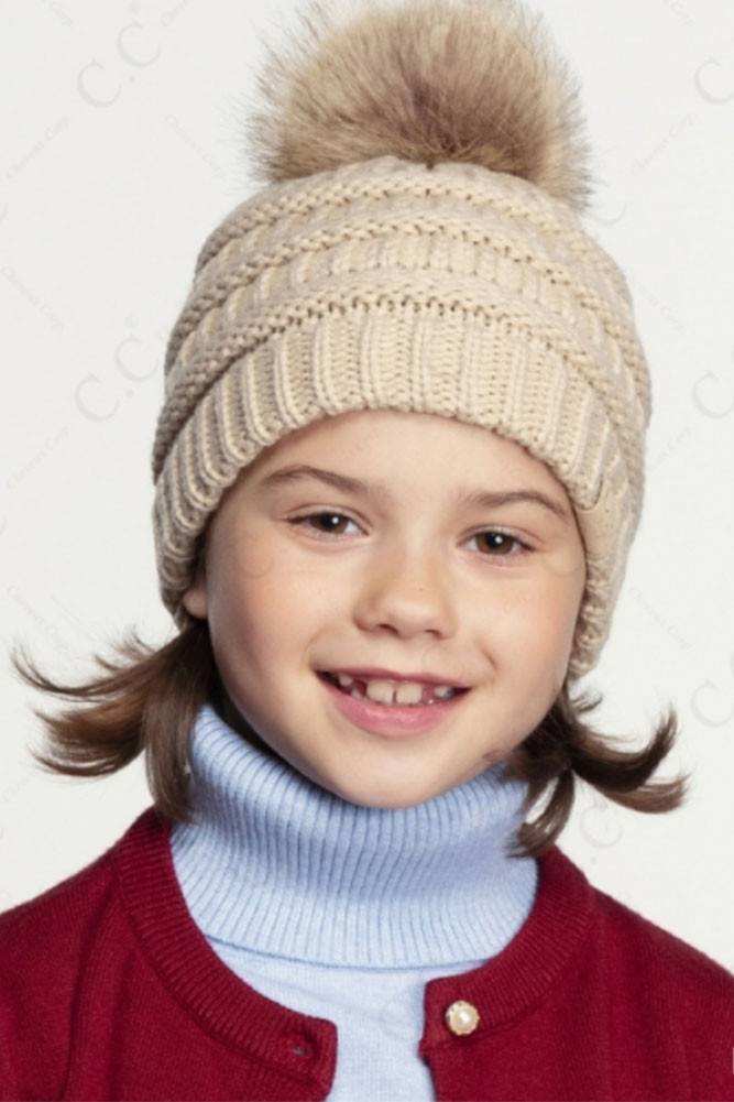 Kids Cable Knit Faux Fur Pom Pom Beanie by BURACQ