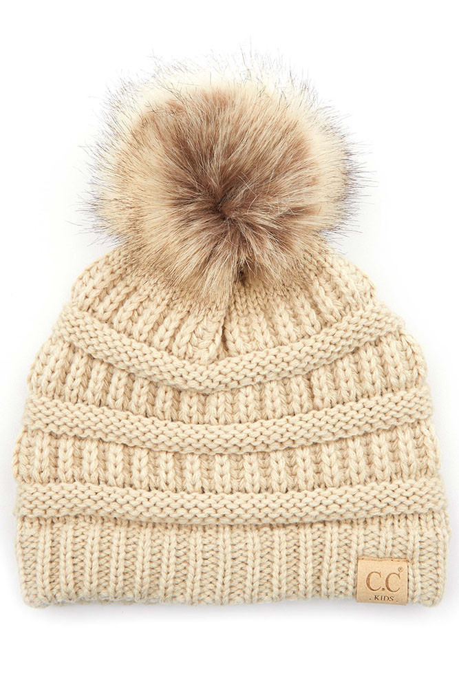 Kids Cable Knit Faux Fur Pom Pom Beanie in Beige