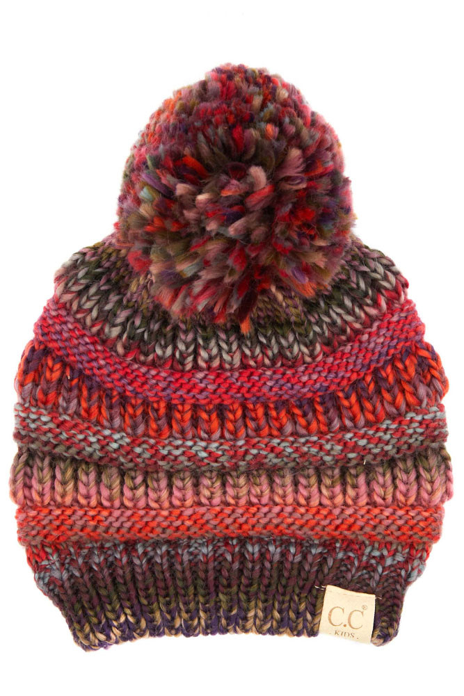 Kids Multicolor Knit Pom Pom Beanie – Rust in Rust