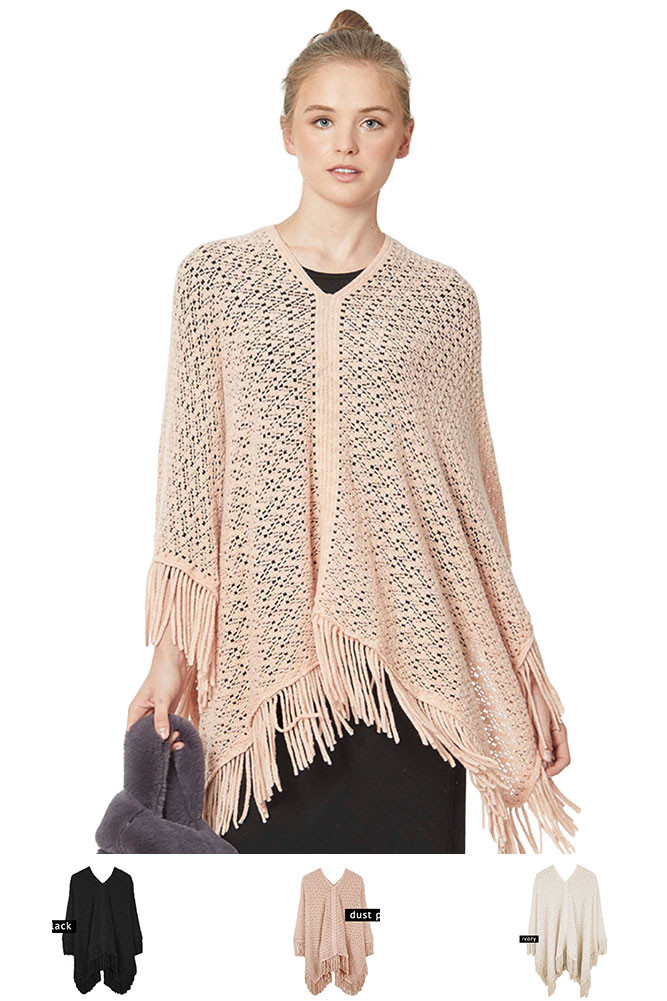 Women's Open Knit Fringe Poncho — poncho photo 2
