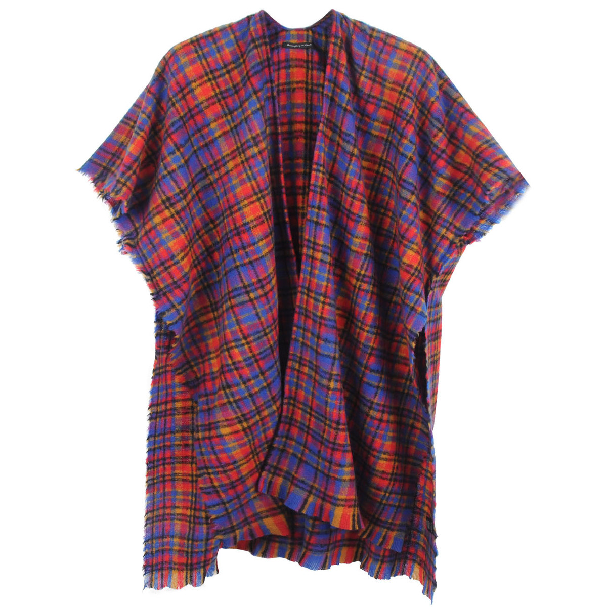 Women's Plaid Fringe Kimono in Blue