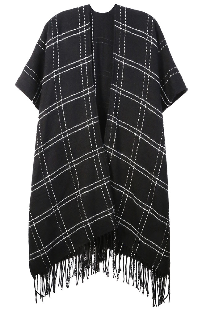 Women's Plaid Fringe Kimono in Black