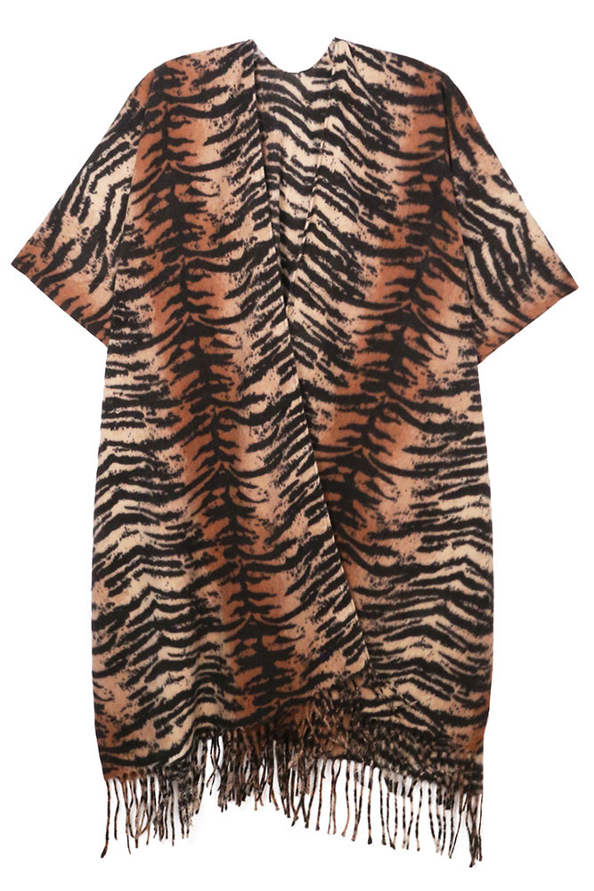 Women's Tiger Print Fringe Kimono – Gray in Gray by BURACQ