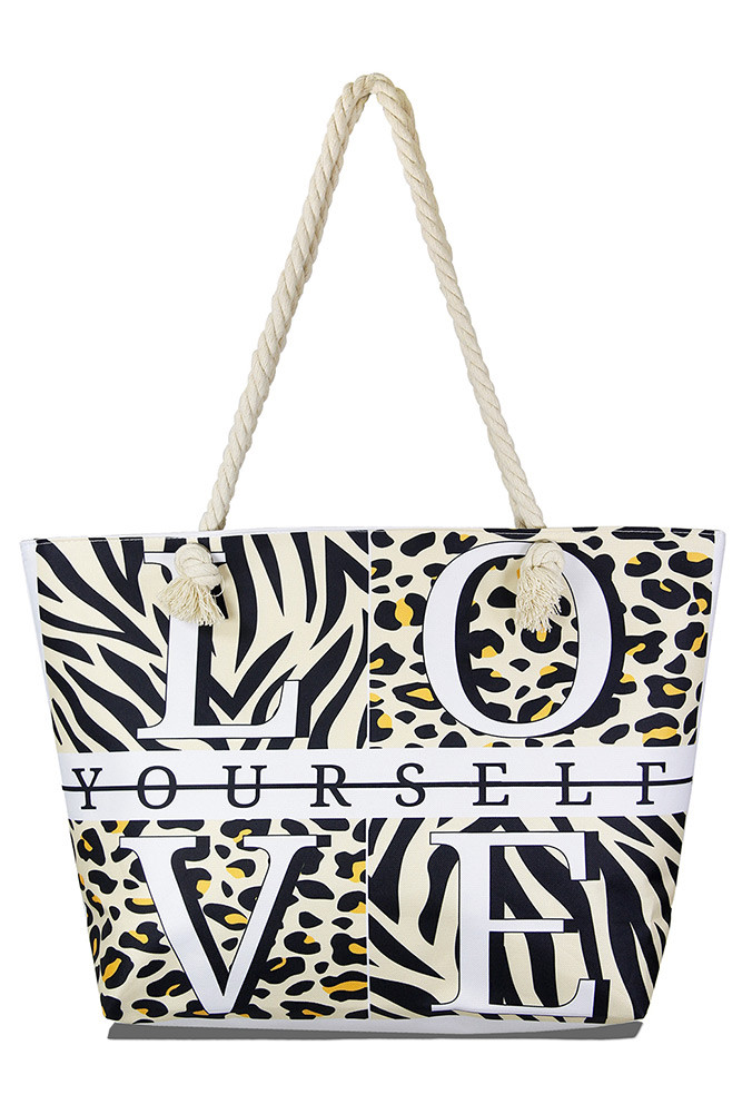 Women's Love Yourself Animal Print Beach Bag in Beige