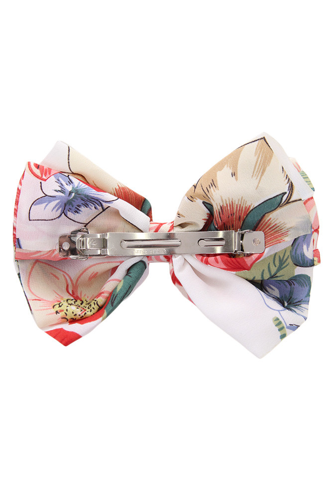 Women's Floral Print Bow Hair Barrette – White in White
