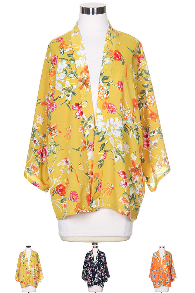 Women's Floral Print Short Kimono – Mustard — kimono photo 4