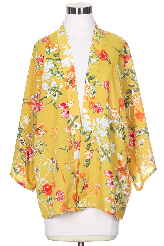 Women's Floral Print Short Kimono – Mustard in Mustard